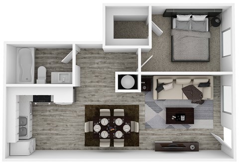 Floor plan for 1 bed, 1 bath, 605 sqft